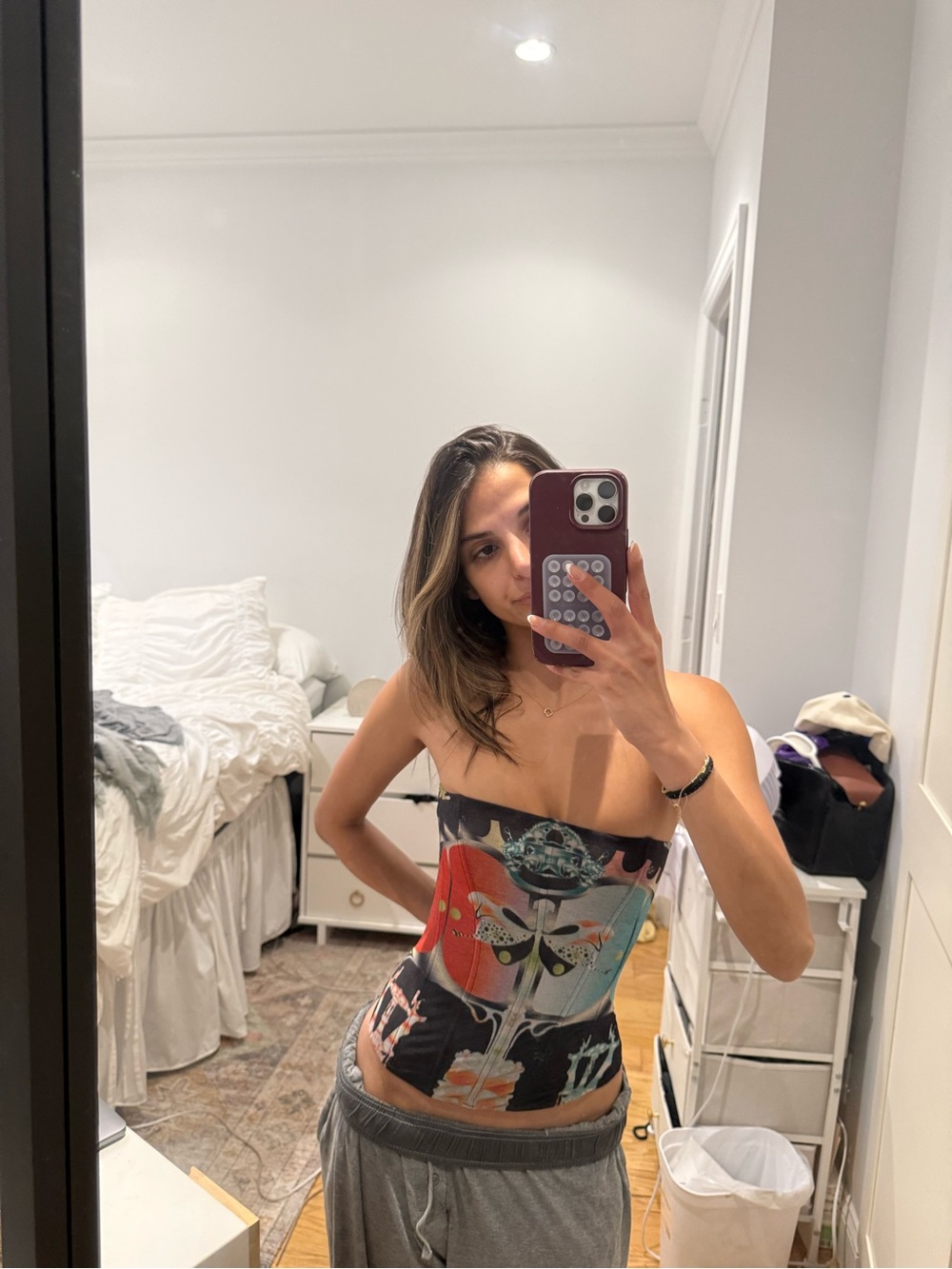 Graphic Strapless Corset Top in Black, Red, Teal